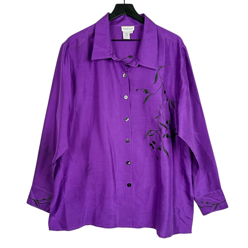 Coldwater Creek 100% Silk Button Up Blouse Purple Embroidered Leaves - 2X Plus